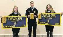 Three members of the Woodson FFA made it to the state level of competition in speaking events. Pictured, left to right, are Baylee Gray, 8th place in Agribusiness, Colt Nelson, in Extemporaneous Speaking, and Claire Ellis, 8th place win in Plant Science. Contributed photo/Tacy Ellis