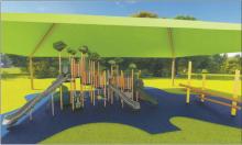 A rendering of new playground equipment and canopy planned for Breckenridge City Park. The purchase, approved by city commissioners on Tuesday, Sept. 5, will replace the existing 32-year-old equipment at the park. Photo/Mike Williams