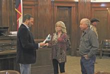 Stephens County Judge Michael Roach swears in new county treasurer Mary O’Dell Monday, Oct. 30 at the Stephens County Courthouse. O’Dell was appointed to the position following last week’s resignation of former treasurer Sharon Trigg, after holding the office since 2005. Photo/Mike Williams