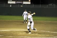 Chloe Whitmire (pitching) combined for 30 strikeouts in six games at the College Station tournament Feb. 15-17. Through the first week of games she has thrown 46 strikeouts. Photo/Mike Williams