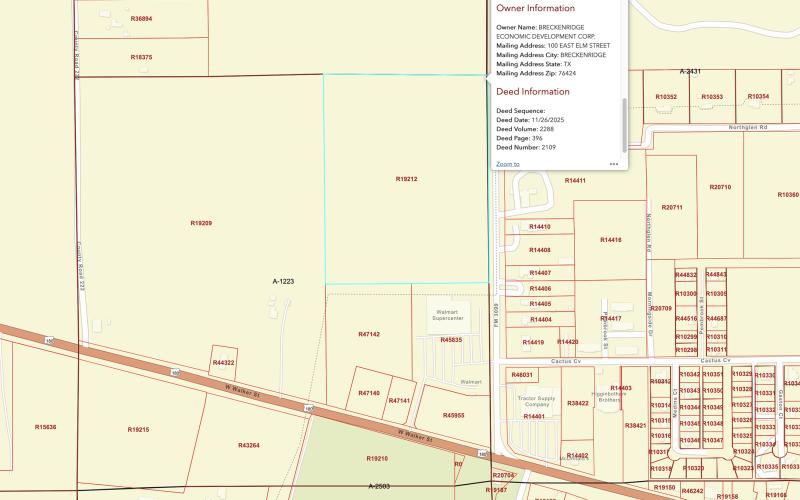 The area in blue shows a parcel owned by the Breckenridge Economic Development Corporation that Breckenridge ISD is pursuing as a possible location for the new elementary school approved by voters in November 2025. (Contributed photo)
