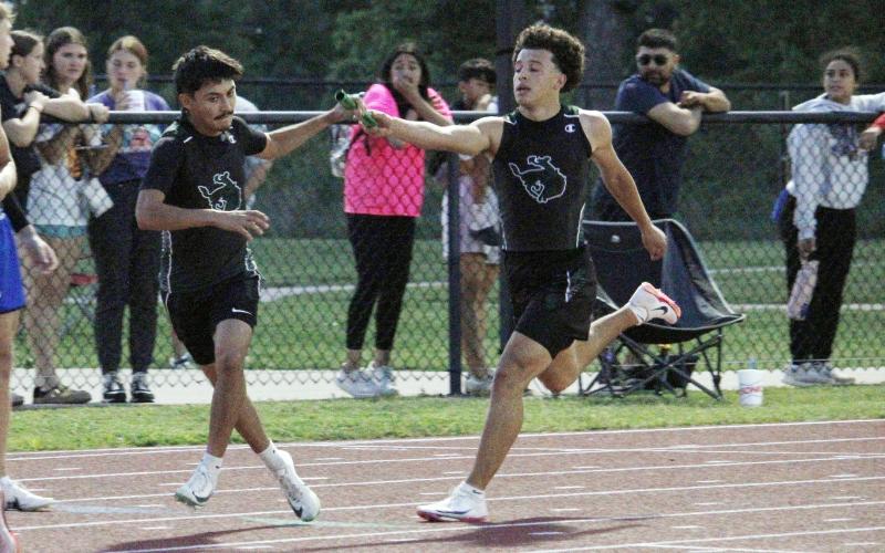 (Photo/Ashley Anderson) The Breckenridge team of Ryan Waller, Jaime Cruz, Truett Trammel and Lesavier Gutierrez advanced to the regional competition in May with their second-place finish in the 4x400-Meter Relay at the area meet Thursday, April 16 in Jacksboro.