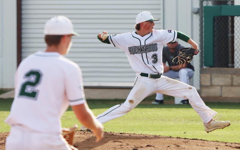 (Photo/Thomas Wallner) Preston Burns fires off a pitch at the mound during the Bucks matchup against Peaster held Friday, April 10. They traveled Tuesday, April 14 and fell 3-1 to the Comanche Indians.