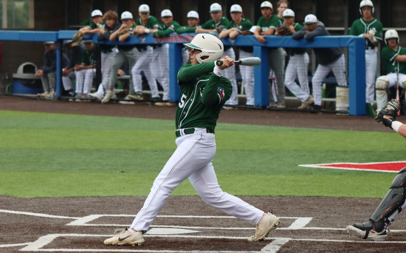 (Photo, Thomas Wallner) Brenham Walker swings at a pitch Thursday, April 30 from the Iowa Park Hawks during game two of the best-of-three bi-district game. The Bucks fell 8-0 in the game and fell 10-0 to the Hawks during Game 1 Wednesday, April 29 at Bowie.