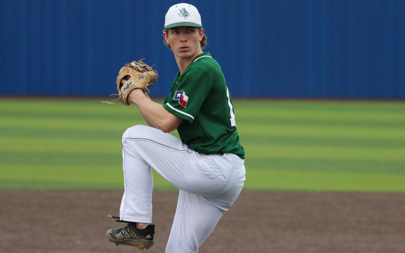 (Photo, Thomas Wallner) Cam David winds up a throw at the mound Thursday, April 30 during Game 2 of the best-of-three bi-district series against the Bucks and Iowa Park Hawks in Graham. Game 1 was moved to Wednesday, April 29 in Bowie due to inclement weather.