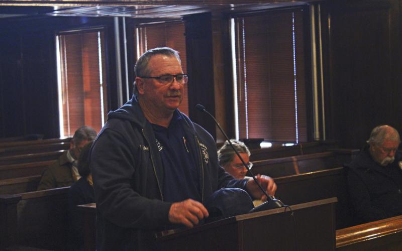 (Photo/Alex Kielar) Breckenridge Fire Chief Malcolm Bufkin speaks to the Stephens County Commissioners Court earlier this month when the county-wide burn ban was reignited. County Judge Michael Roach lifted the ban Friday, Nov. 21. 