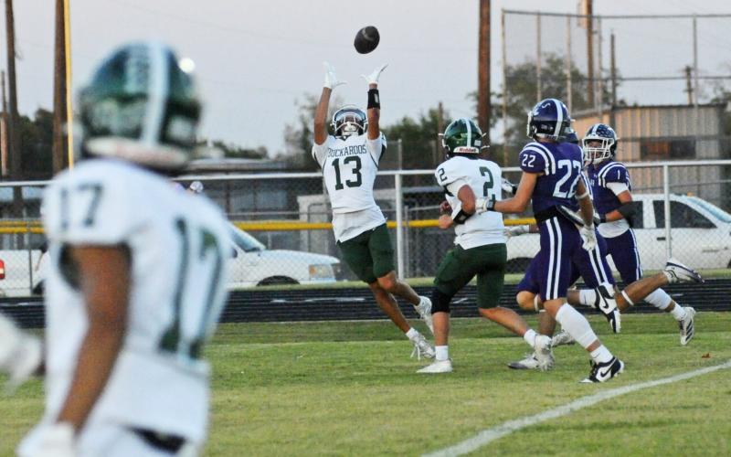 Ryan Waller attempts to catch a pass during the Bucks win Friday, Sept. 26 against the Tolar Rattlers(Photo/Josh Burton/Hood County News)