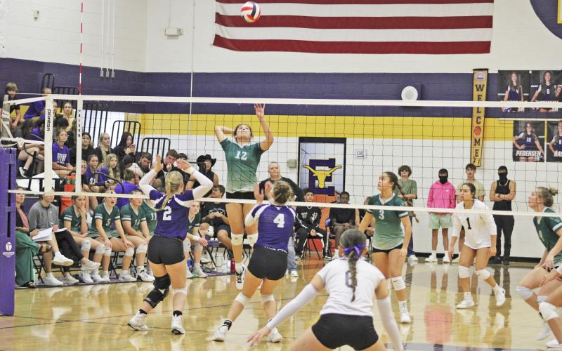 Violeta Gallegos (12) had two kills and three digs for the Lady Bucks in their 25-13, 25-21, 25-17 win over the Early Lady Horns on Tuesday, Sept. 12. Photo/Mike Williams