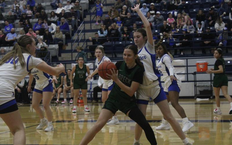 (Photo/Alex Kielar) LaKyla Bartley drives in the paint during the second half of the Bucks’ 49-21 loss Friday, Jan. 16 to the Peaster Lady Hounds. 