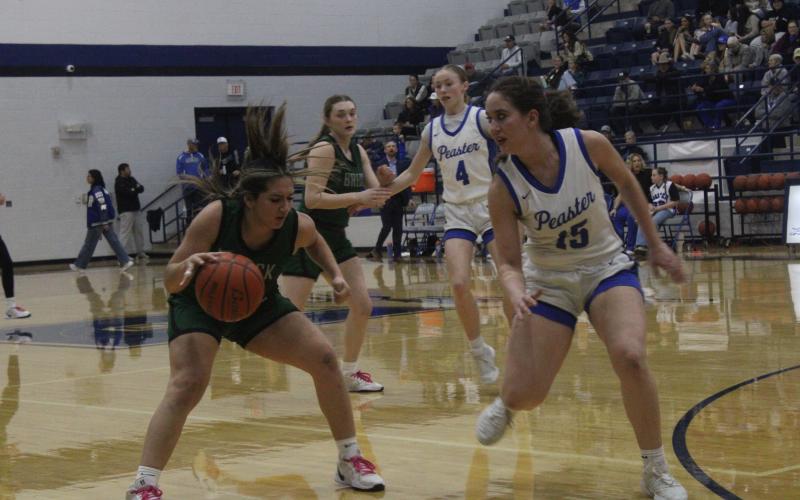 (Photo/Alex Kielar) Analia Palacios dribbles the ball during the second half of the Lady Bucks’ 49-21 loss Friday, Jan. 16 to the Peaster Lady Hounds. 