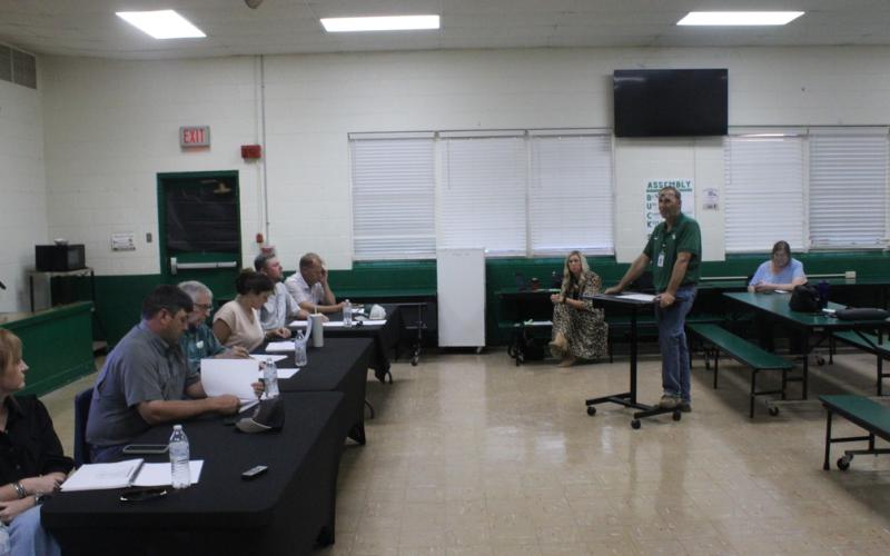 (Photo/Alex Kielar) Jeremy West presented to the BISD school board Monday, Oct. 13 regarding the district’s school bus situation, as all Texas school buses are now required to have seatbelts per Senate Bill 546. School districts must report to TEA on their plan by the end of this school year. 