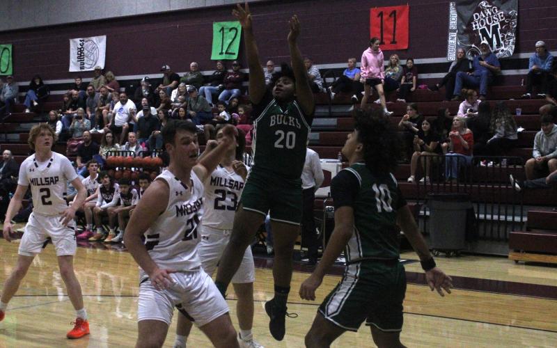 (Photo/Alex Kielar) Christian Flores puts up a midrange shot attempt during the Buckaroos’ 68-49 win over Millsap, in which he scored 12 points Friday, Jan. 6. 