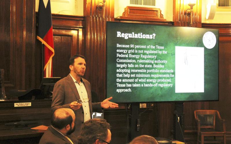 Stephens County Judge Michael Roach leads a public hearing regarding a draft tax abatement agreement with La Casa Wind, LLC. The meeting took place Monday, March 11 at the Stephens County Courthouse. Photo/Mike Williams