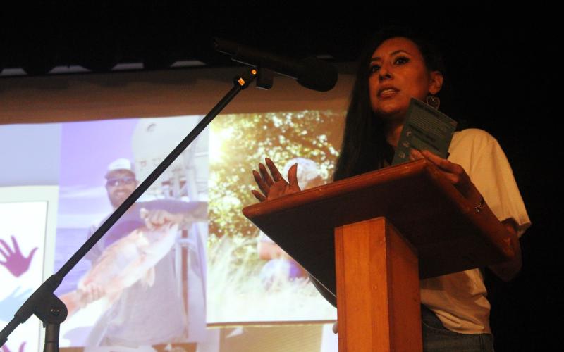 (Photo/Alex Kielar) Yuri Huntington spoke about her and her sister’s non-profit Arturo’s Heart Foundation and its mission prior to the screening of “Suicide: The Ripple Effect” at the Breckenridge National Theatre, laying out the programs and resources they provide. 