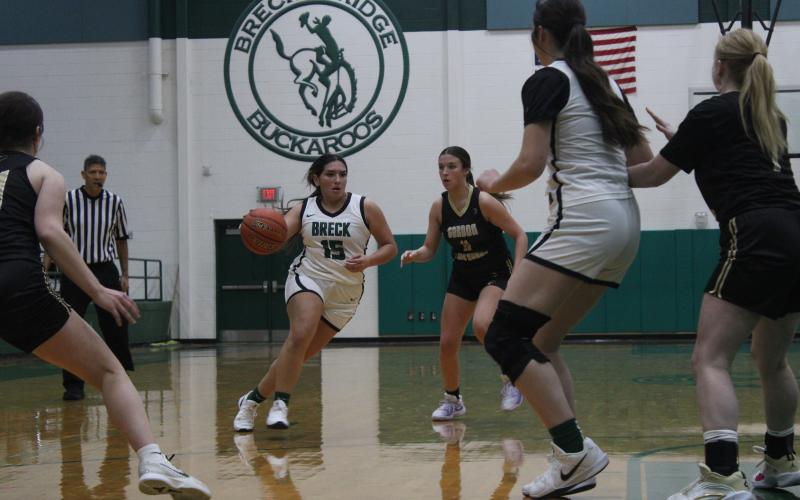 (Photo/Alex Kielar) Analia Palacios dribbles up court against the Gordon Lady Longhorns in the Lady Bucks’ non-district home opener Tuesday, Nov. 12. Palacios was second in scoring for the Lady Bucks with six points. 