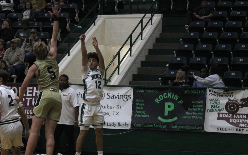 (Photo/Alex Kielar) Ryan Waller knocked down two three-pointers and scored a total of 10 points for the Bucks on Senior Night as they defeated Comanche, 63-42, Friday, Feb. 13. 