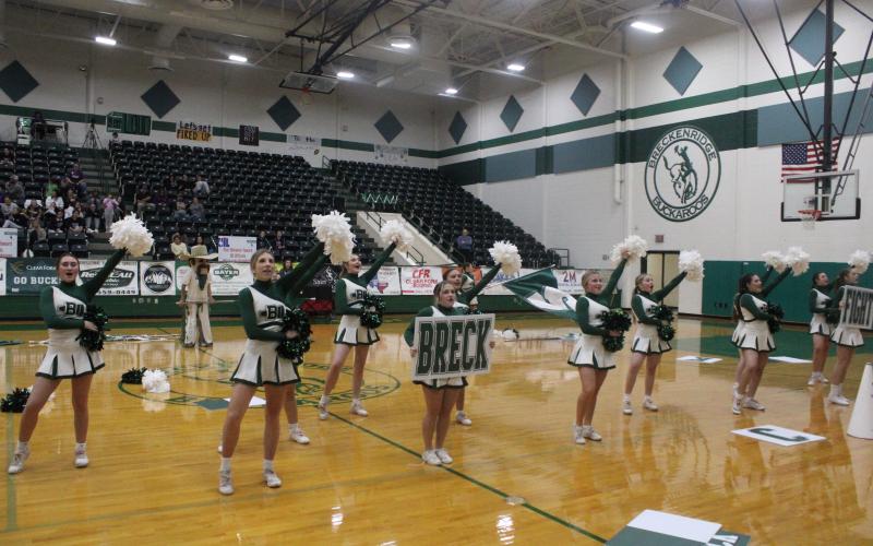 (Photo/Alex Kielar) The Breckenridge Buckaroo cheerleading team showcased its competition routine during halftime of the boys’ basketball game Tuesday, Jan. 6 and will again Tuesday, Jan. 13 before heading to Fort Worth for the UIL Spirit State Championships Thursday, Jan. 15.