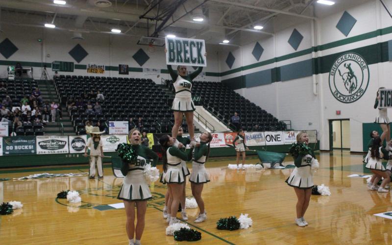 (Photo/Alex Kielar) The Breckenridge Buckaroo cheerleading team performed its state routine during halftime of the boys’ basketball games Tuesday, Jan. 6 and Jan. 13 before traveling to Fort Worth, where the squad went on to place sixth at the UIL Spirit State Championships.