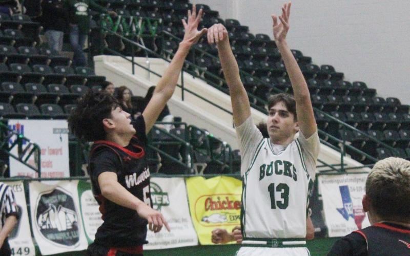 Bry Armstrong shoots from the free throw line in the first half Thursday, Jan. 29 of the Bucks’ 72-16 trouncing of the Eastland Mavericks. (Archive photo)