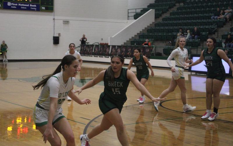 (Photo/Alex Kielar) Analia Palacios defends against a Dublin player in the first half of the Lady Bucks’ first district win of the season, as they defeated the Lady Lions, 46-34, on the road. 