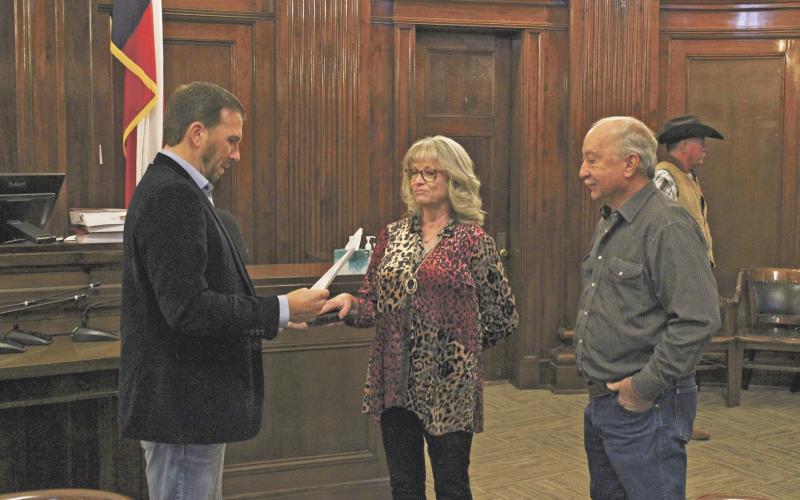 Mary O'Dell was sworn intmo the office of Stephens County Treasurer following a vote for appointment during a special meeting of the Stephens County Comissioner's Court. The appointment was determined to be a conflict of interest and will be rescinded during a special meeting of the Stephens County Commissioner's Court on Monday, Nov. 6 at 9 a.m. Photo/Mike Williams