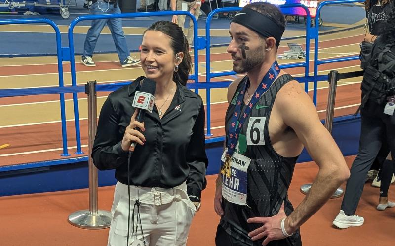 Former Breckenridge Buckaroo Chase Lehr is interviewed during the American Conference Indoor Track & Field Championship held Feb. 27-28 at the Birmingham Complex in Alabama. Lehr won the men’s 800-meter run and continues to build upon his success. (Contributed photo)