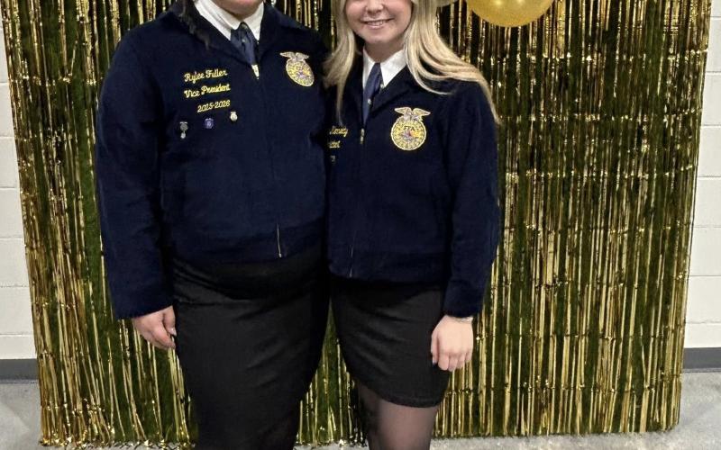 (Contributed Photo) Rylee Fuller, left, and Kadynce Kennedy were each installed as a District Officer at the Pecan Valley District Banquet earlier this month, where Kennedy was also honored as senior ambassador. 