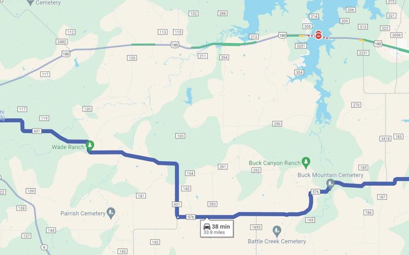 This is the safest of the two options provided by Stephens County. It is a paved roadway with a fast speed limit. It is slightly longer than the second alternative at 33.8 miles, but has a faster speed limit. Contributed photo/Stephens County