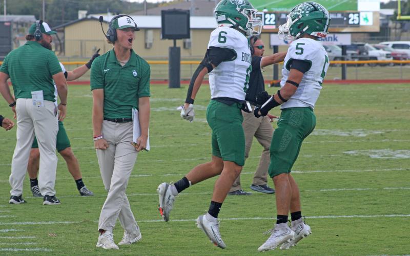 (Photo/Alex Kielar) Sophomore receiver Cooper Wimberley (5) was a first team offense selection while senior receiver Erik Saucedo (6) was a second team offense selection in the all-district awards announced this week. 