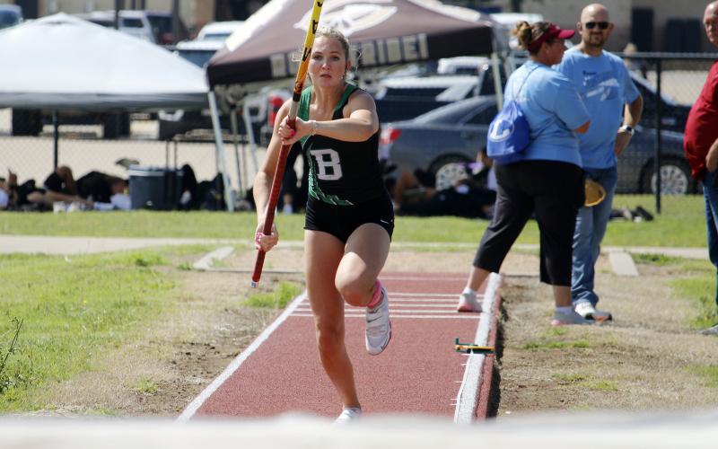 (Photo/Ashley Anderson) Kamden Tidwell was the area champion in pole vaulting at the UIL 3A Area 7 & 8 Track and Field Championship held Thursday, April 16 in Jacksboro. Tidwell continued her success at the region meet, with a first-place finish and a ticket to the state meet where she finished third.