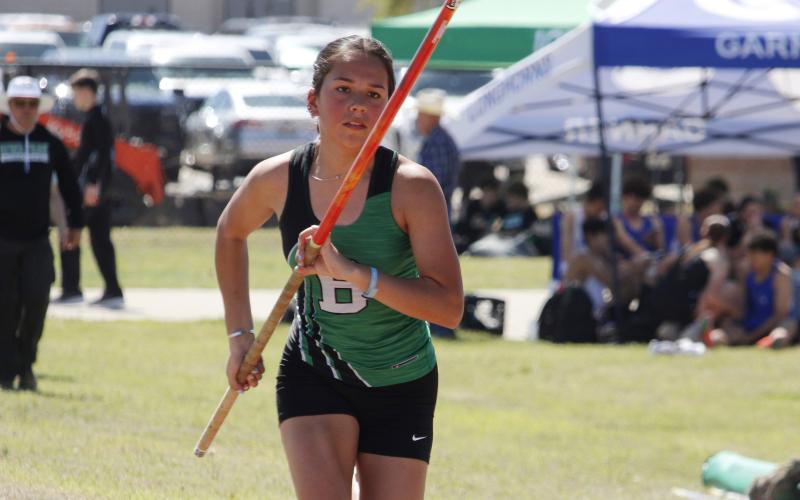 Ellisa Duran, with the Lady Bucks JV, scored first place in the JV girls pole vault competition at the Jacksboro High School Invitational. (Photo/Ashley Anderson)