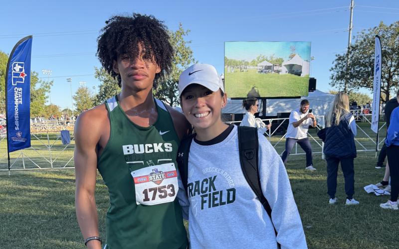 (Photo/Alex Kielar) Andrew White with Breckenridge cross country coach Valeria Williams after his run in the State Cross Country Championships at Old Settlers Park in Round Rock where he placed 88th out of 151 runners in his heat Friday, Oct. 31. 