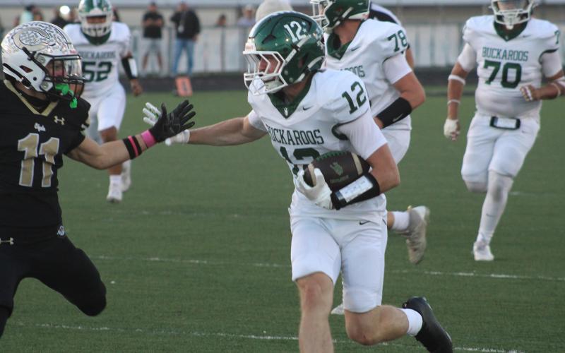 (Photo/Alex Kielar) Cameron David runs after the catch following one of his two catches for 48 yards against Clyde. The second reception was an 11-yard touchdown for the Bucks’ second score. 