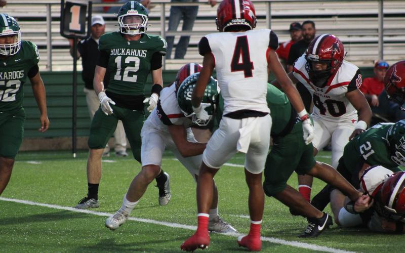 (Photo/Alex Kielar) Running back Jaime Cruz fought for extra yardage all game long against Eastland on his way to three touchdowns and 137 yards on 17 carries in the Bucks’ 35-6 win Friday, Sept. 19. 