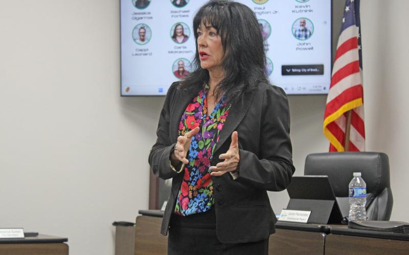 (Photo/Alex Kielar) Breckenridge City Manager Cynthia Northrop speaks during the latest city commission meeting Tuesday, Oct. 14 in which the construction contract for phase 1 of the wastewater treatment plant improvement project was awarded to Purcell Engineering. 