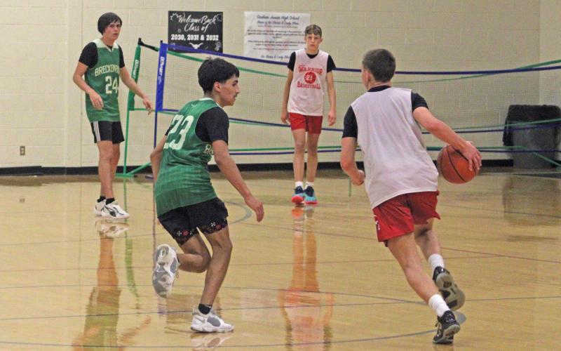 (Photo/Alex Havardansky) Luis Palacios plays defense against a Wichita Falls Christ Academy player during the Bucks' second game of the opening week of the Graham fall basketball league Monday, Sept. 22. 