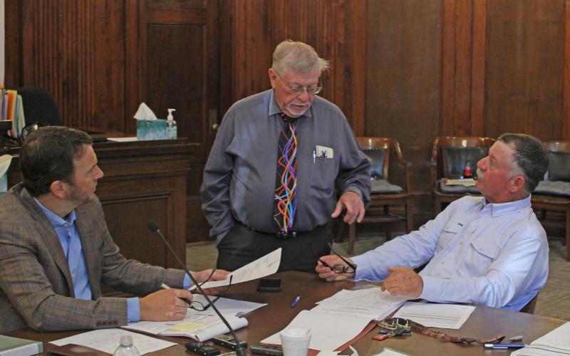 (Photo/Alex Kielar) The Stephens County Commissioners Court discussing matters with County Attorney Gary Trammel during the Monday, Aug. 11 meeting in which the court adopted its proposed tax rate for fiscal year 2026. 