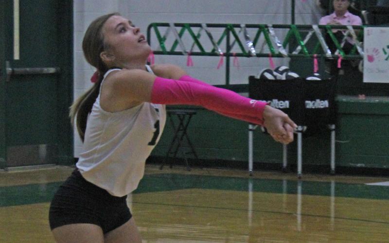 (Photo/Alex Kielar) Senior Ava Russel bumps the ball during the Lady Bucks’ Senior Night win over the Dublin Lady Lions Friday, Oct. 17.