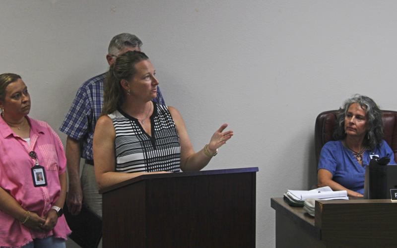 (Photo/Alex Kielar) The Breckenridge ISD school board voted unanimously in favor of placing a facilities improvement bond on the November ballot after hearing a presentation of two options Monday, Aug. 11 from the Facilities Planning Committee, which included Stephens County Treasurer Kelsey Cornwall.