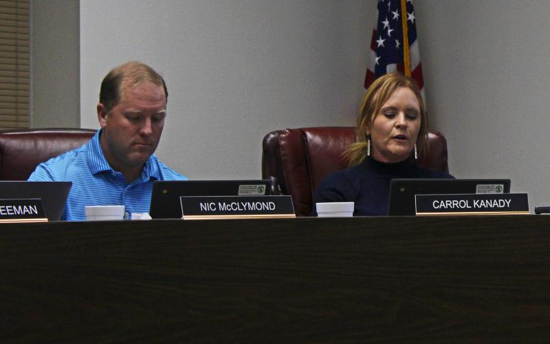 (Photo/Alex Kielar) Breckenridge ISD Place 5 board member and secretary Carrol Kanady (right) made the motion to place the “white option” bond for construction of a new South Elementary School on the November ballot, and the board unanimously voted to approve the motion Monday, Aug. 11.