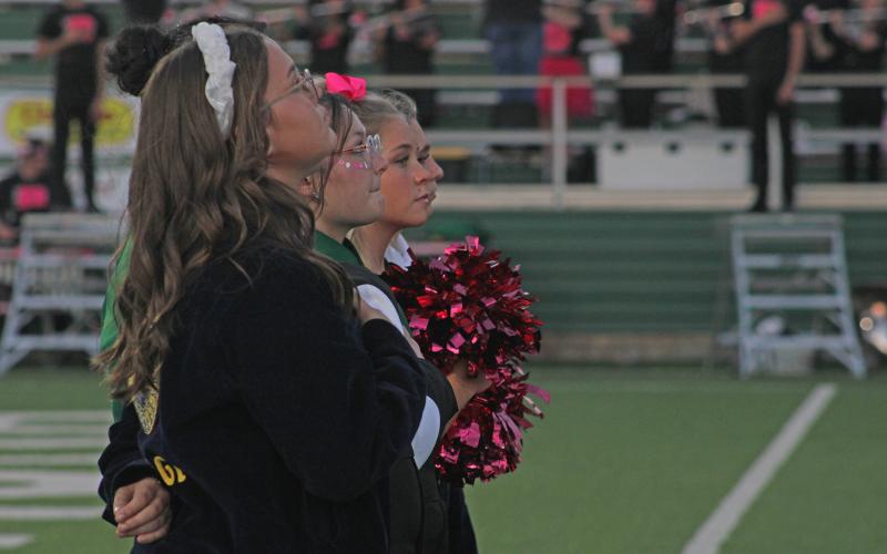 (Photo/Alex Kielar)  Breckenridge FFA members stand for the national anthem Friday, Oct. 17 before the Buckaroos’ district game against the Jim Ned Indians. 