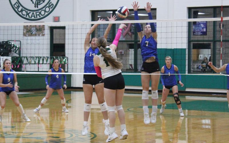 (Photo/Alex Kielar) Senior Preslie Malcuit hits the ball over the net during the opening set of her final match of her career Friday, Oct. 24 against Peaster. 