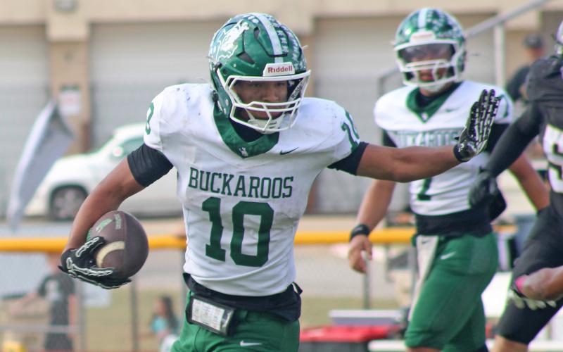 (Photo/Alex Kielar) Jaime Cruz outran the Comanche defense on the way to the end zone as he got the Bucks back into the game at 22-19 with less than four minutes to go. 