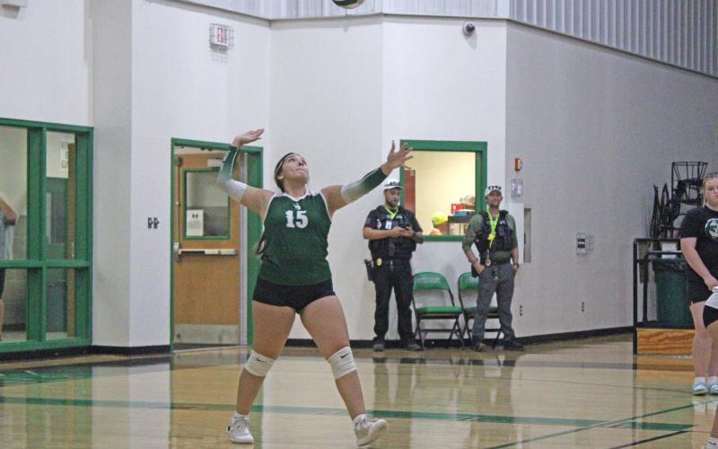 (Photo/Alex Kielar) Analia Palacios winds up to serve in the first set of the Lady Bucks non-district matchup against Iowa Park on the road Tuesday, Aug. 19. Palacios recorded two digs, one ace and six assists overall. 