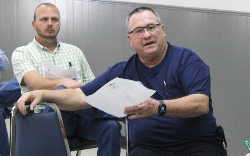 (Photo/Alex Kielar) Breckenridge Fire Chief Malcolm Bufkin speaks during the Stephens County Commissioners Court meeting Monday, Oct. 27 in which he relayed to the court that the county-wide burn ban lifted Saturday, Oct. 25 should remain off. 