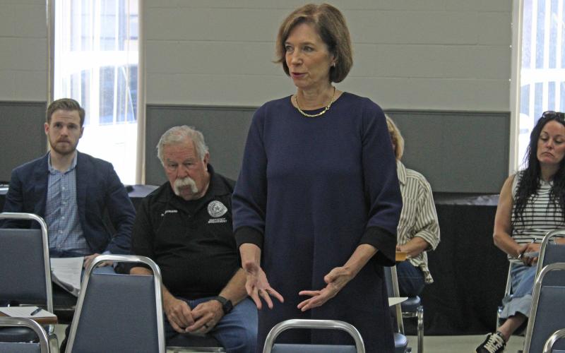 (Photo/Alex Kielar) The Stephens County Commissioners Court listens as Charlen Heydinger, President of the Texas PACE Authority, speaks about the purpose of the voluntary PACE program and how it would help Stephens County if implemented. 