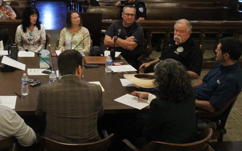 (Photo/Alex Kielar) Representatives of Breckenridge ISD, Stephens County Sheriff’s Office, city of Breckenridge, Stephens Memorial Hospital and First Methodist Church of Breckenridge meet with Stephens County Judge Michael Roach and Emergency Management Coordinator David Leonard on implementing a plan to provide food to those affected by the SNAP program suspension. 