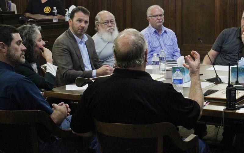 (Photo/Alex Kielar) Representatives of Breckenridge ISD, Stephens County Sheriff’s Office, city of Breckenridge, Stephens Memorial Hospital and First Methodist Church of Breckenridge meet with Stephens County Judge Michael Roach and Emergency Management Coordinator David Leonard on implementing a plan to provide food to those affected by the SNAP program suspension. 