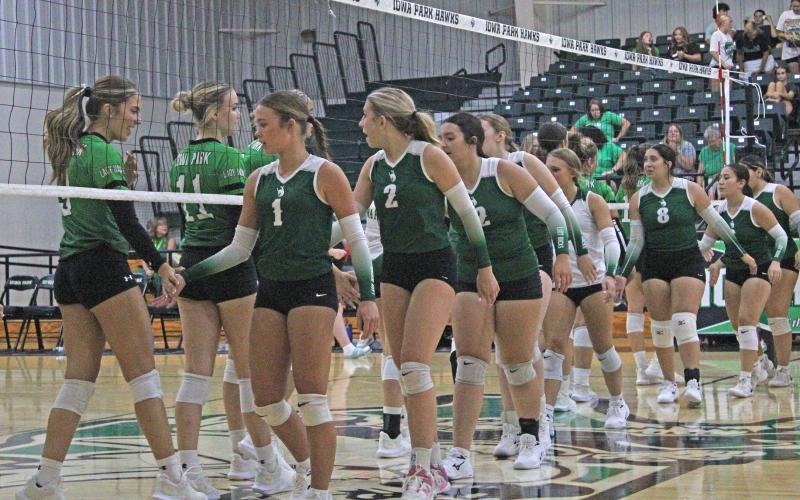 (Photo/Alex Kielar) The Lady Bucks shake hands with the Lady Hawks following their non-district loss at Iowa Park held Tuesday, Aug. 19.  