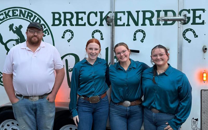 (Contributed Photo) The Breckenridge FFA Senior Skills team of Rachel Burchett, Dustie Lowrey and Rihana Fuller competed at the Area IV Leadership Development Events contest last week and placed fifth out of 12 teams. From left to right is FFA Advisor Austin Hanna, Burchett, Lowrey and Fuller. 